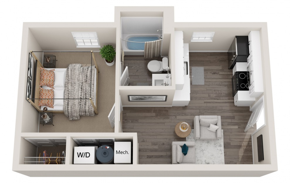A1 - 1 bedroom floorplan layout with 1 bath and 487 square feet.