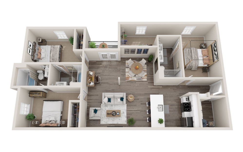 C1 - 3 bedroom floorplan layout with 3 bathrooms and 1432 square feet