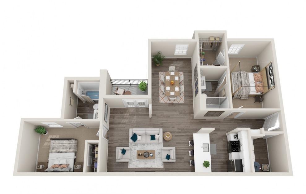 B1 - 2 bedroom floorplan layout with 2 baths and 1185 square feet.