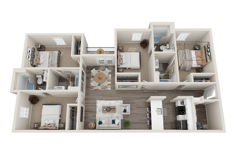 D1 - 4 bedroom floorplan layout with 4 bathrooms and 1432 square feet