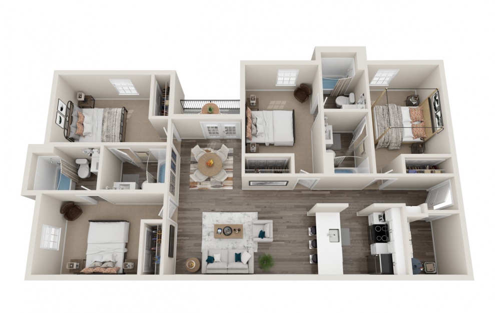 D1 - 4 bedroom floorplan layout with 4 baths and 1432 square feet.